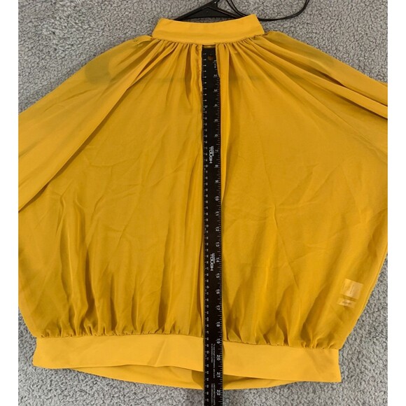 Yellow Pleated Mock Neck Blouse Long Adjustable Ribbon Sleeve Size (M) Medium - Picture 8 of 12